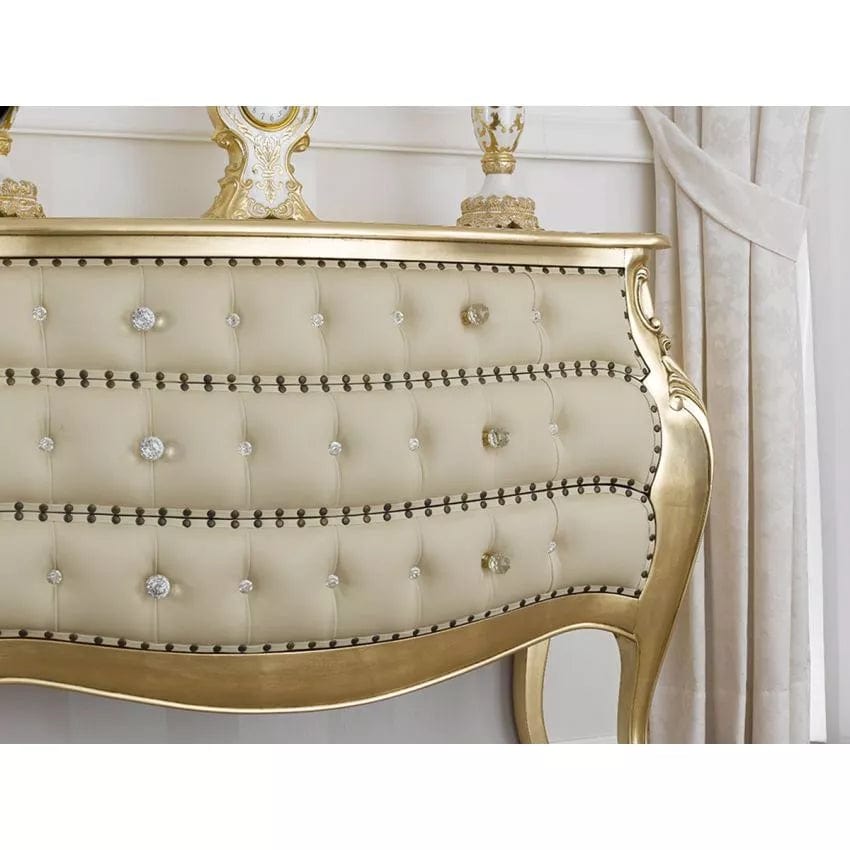 Dresser Brilliant French Baroque style chest of drawers rounded gold leaf faux leather champagne knobs buttons crystal Sw