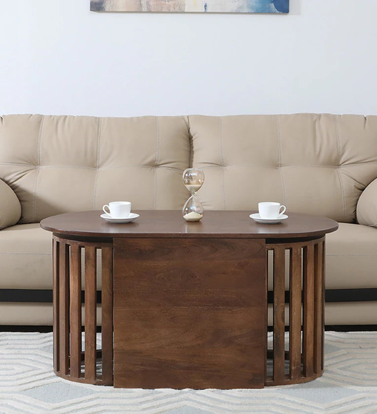 Solid Wood Coffee Table In Walnut Finish With Stool