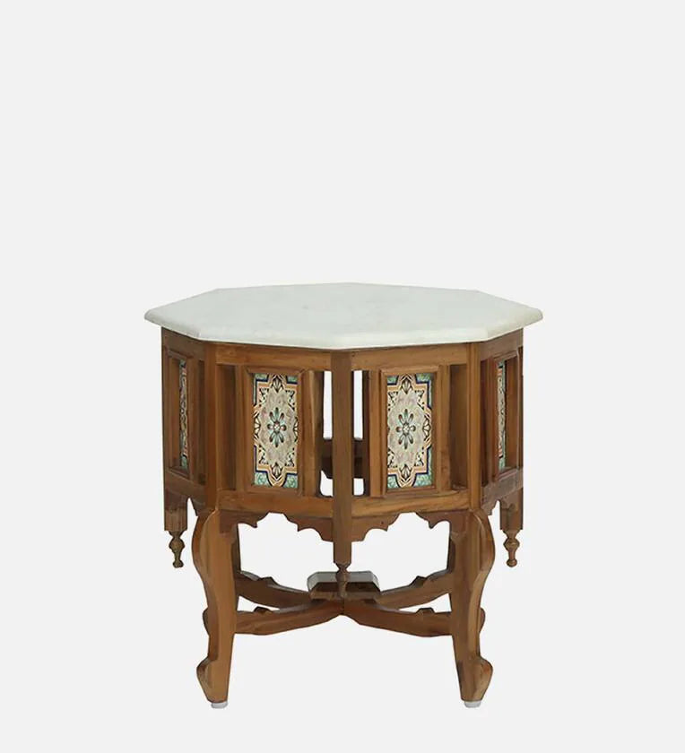 Teak Wood Coffee Table In Rustic Teak Finish With Marble Top