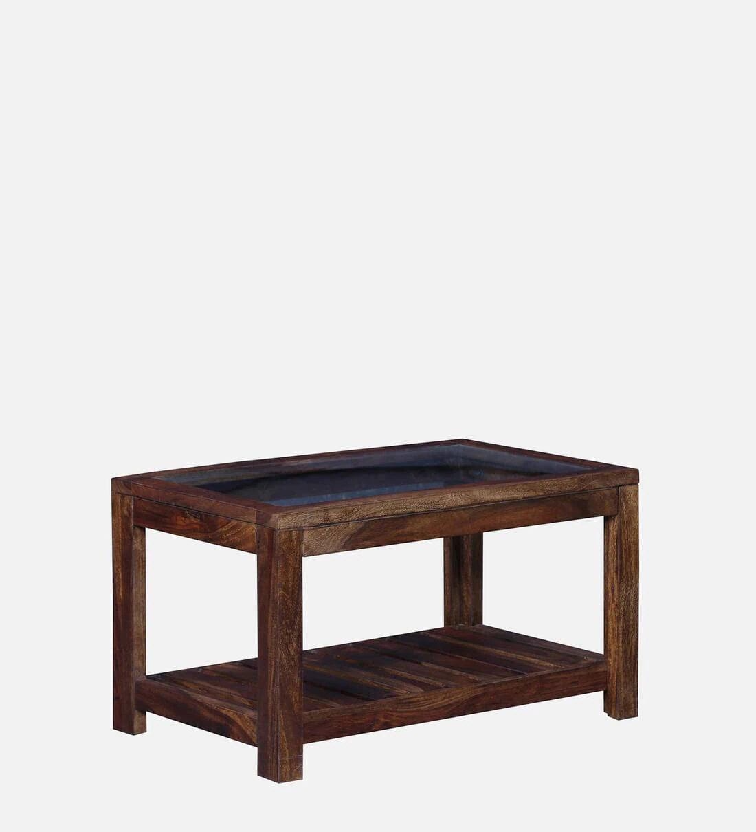 Stigen Sheesham Wood Coffee Table In Provincial Teak Finish With Glass Top,