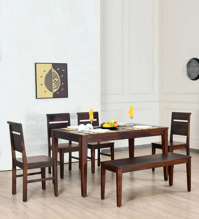 Sheesham Wood 6 Seater Dining Set in Country Light Finish with Bench