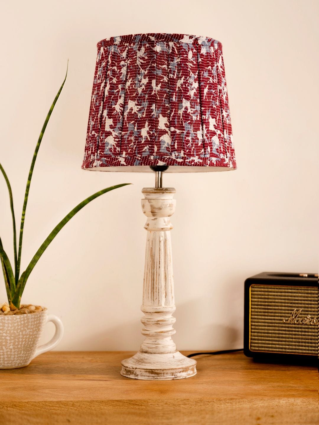 Wooden Pillar White lamp with pleeted Colorful Soft Shade