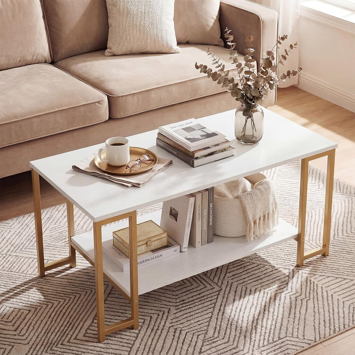 2-Tier Coffee Table with Storage, 39.5" Center Table, Gold & White