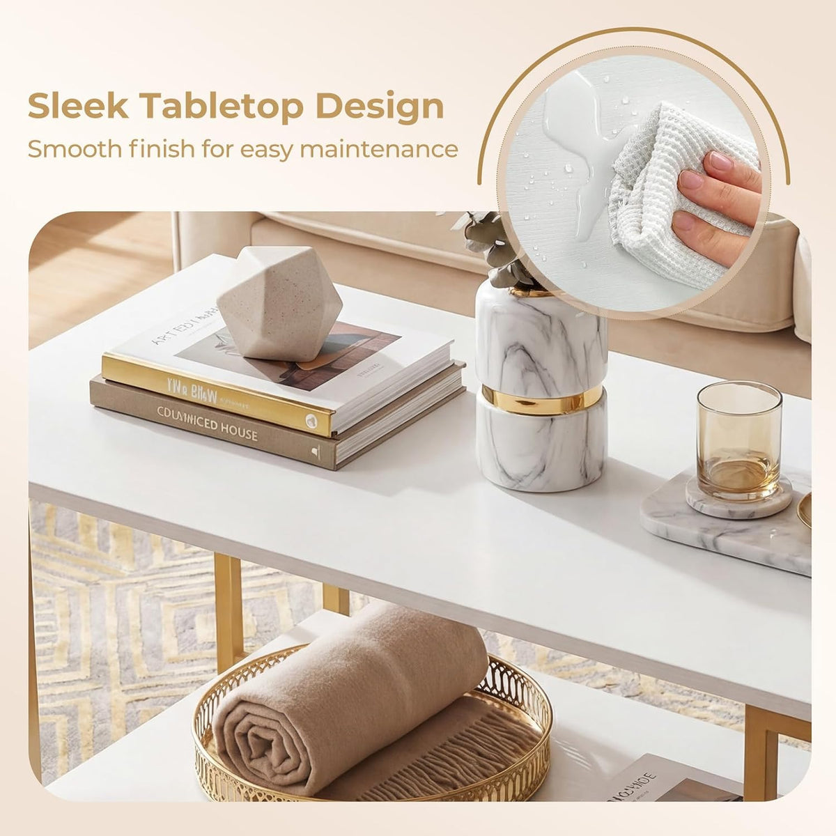 2-Tier Coffee Table with Storage, 39.5" Center Table, Gold & White