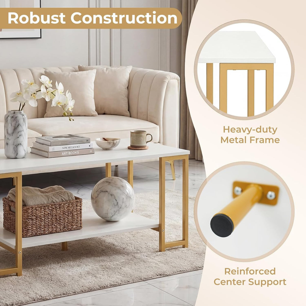 2-Tier Coffee Table with Storage, 39.5" Center Table, Gold & White/Coffee Table-Ouch Cart 