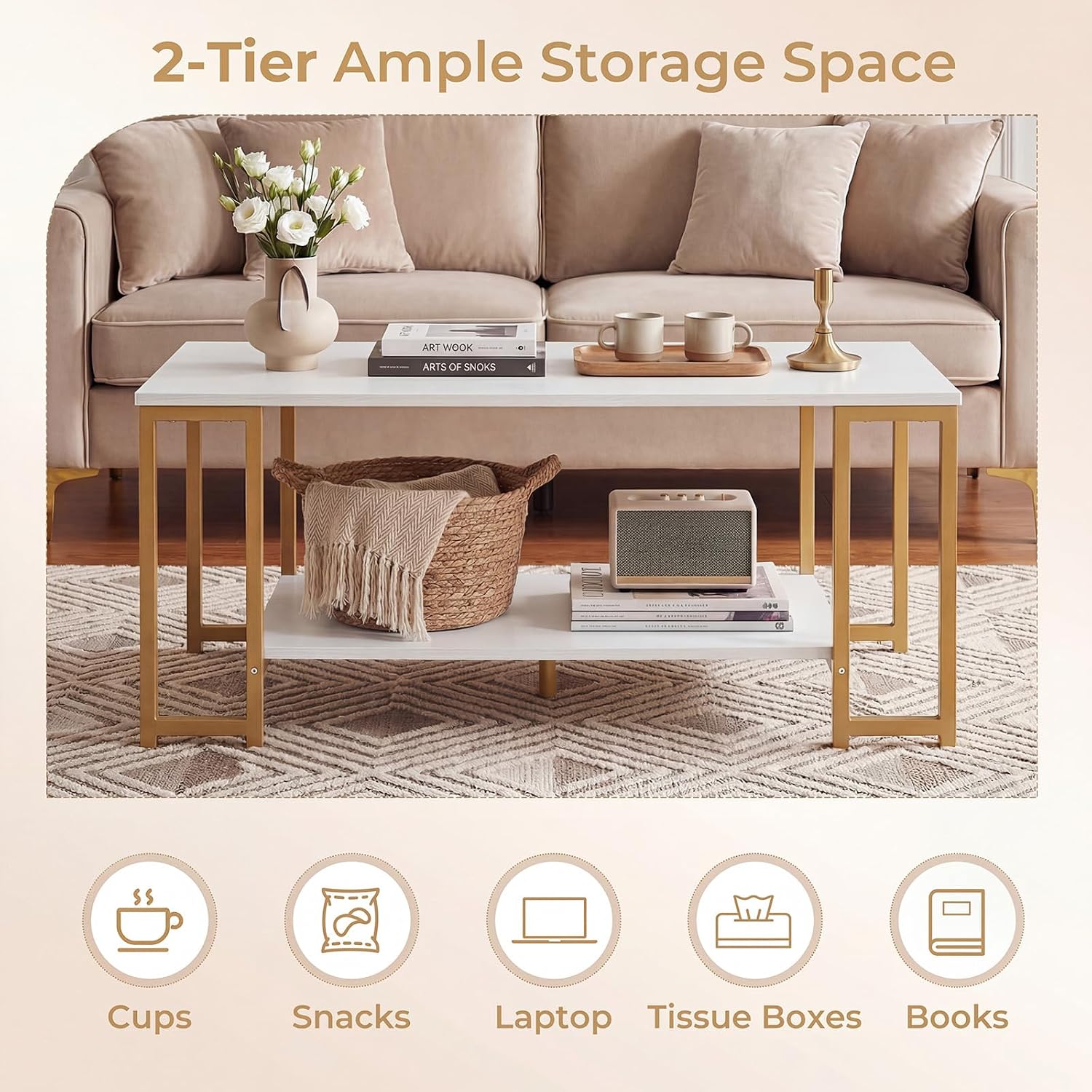 2-Tier Coffee Table with Storage, 39.5" Center Table, Gold & White