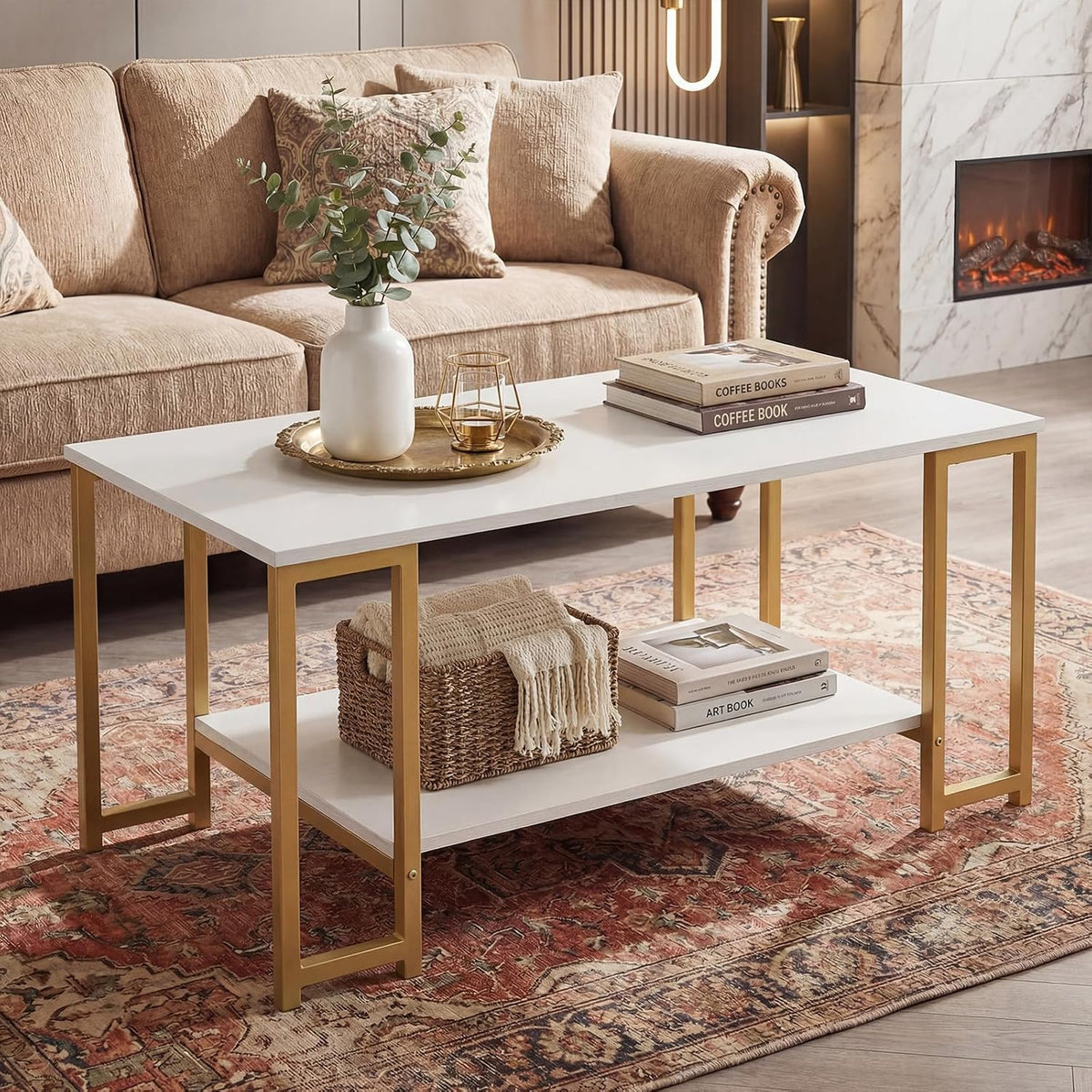 2-Tier Coffee Table with Storage, 39.5" Center Table, Gold & White/Coffee Table-Ouch Cart 