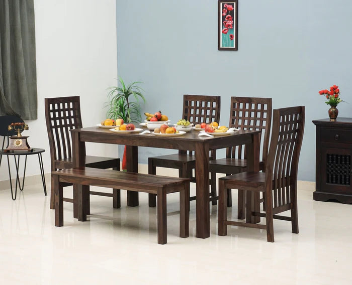 Peppi Sheesham Wood 6 Seater Dining Table Set with 4 Chair & Becnch for Dining Room