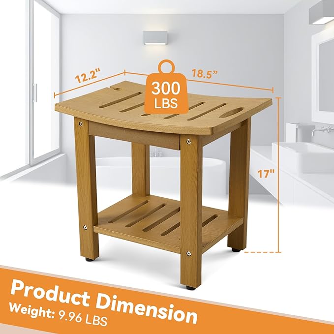 Shower Bench with Storage Shelf, 18 1/2" D ×12" W HDPE Shower Stool for Inside Shower, Waterproof and Anti-Fade Shower Chair, Non-Slip Shower Seat with Handle for Bathroom, Bright Brown