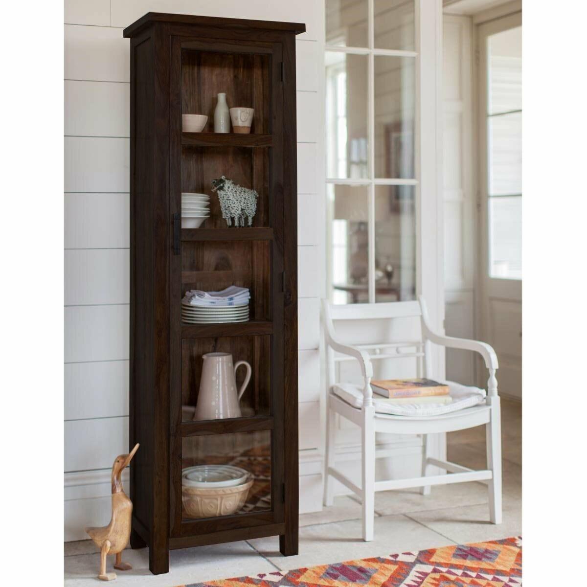 Sheesham Wood Single Door Crockery Cabinet Tall In Walnut Finish - Ouch Cart 