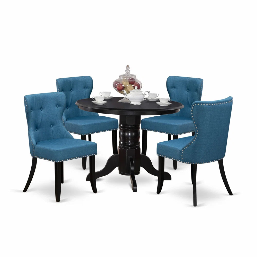 Table with Pedestal and 4 Parsons Chairs - Black Finish