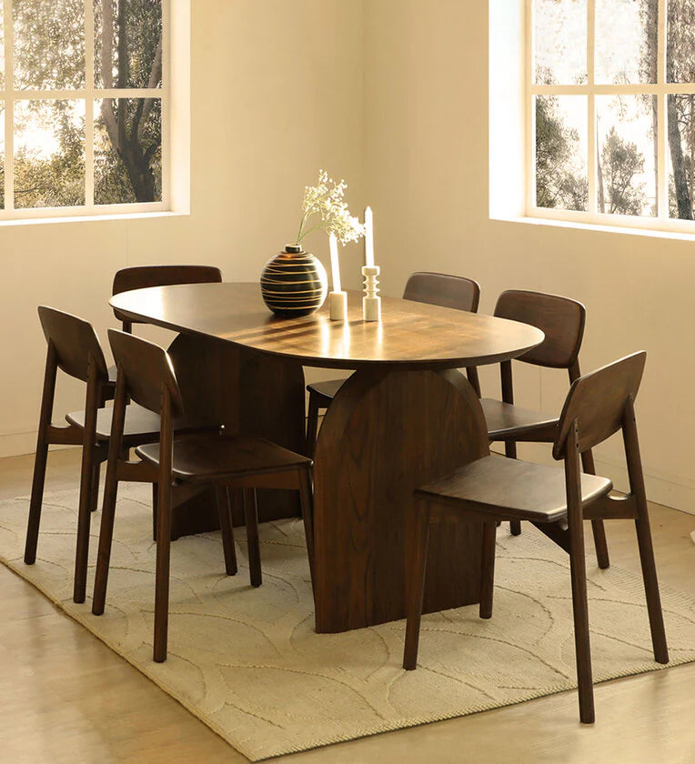 Solid Wood 6 Seater Dining Set In Walnut Finish