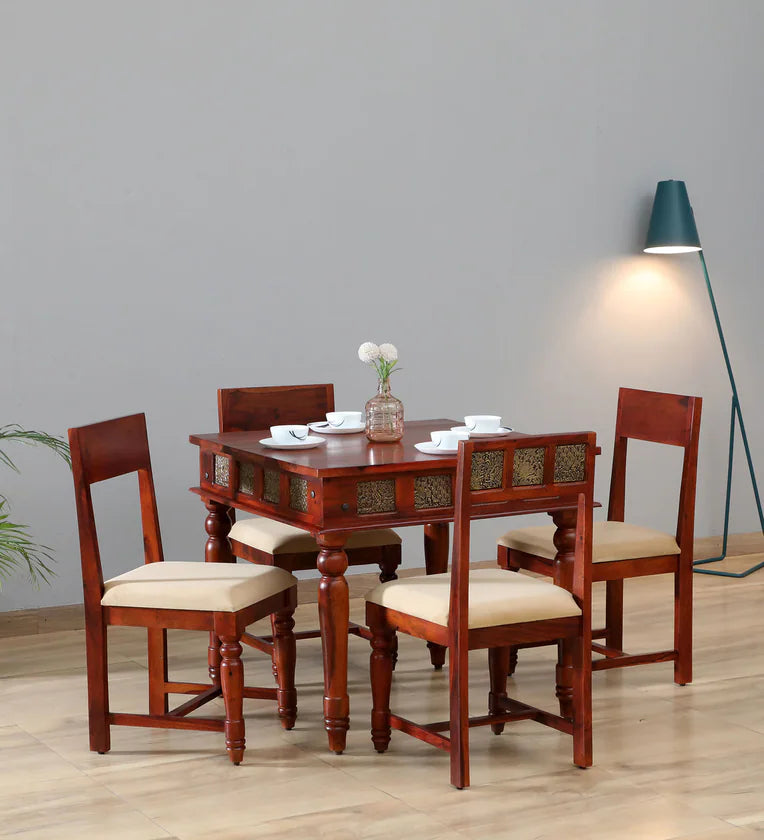 Sheesham Wood 4 Seater Dining Set In Scratch Resistant Honey Oak Finish With Brass Cladding
