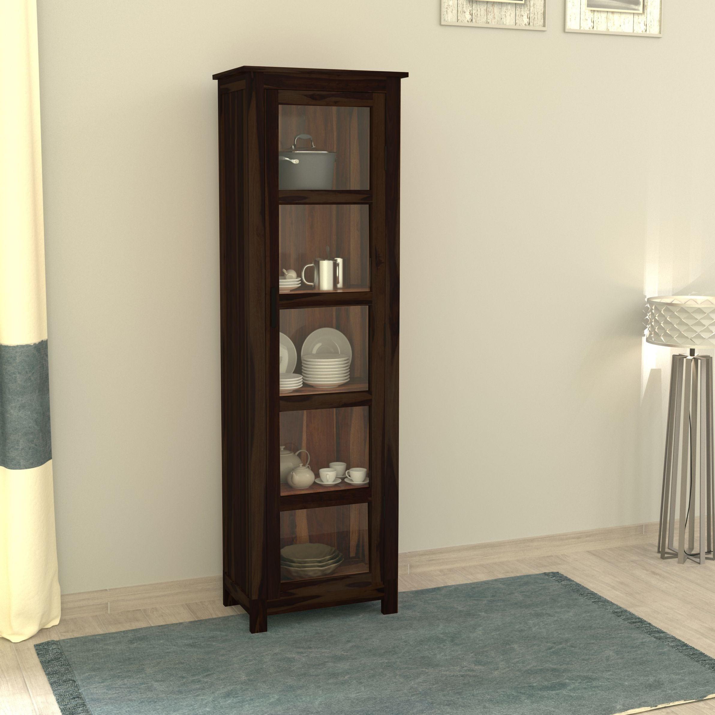 Sheesham Wood Single Door Crockery Cabinet Tall In Walnut Finish - Ouch Cart 