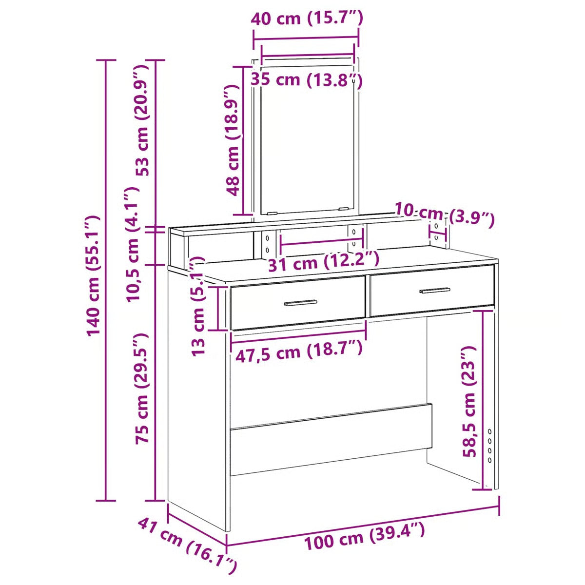 Modern White vidaXL Vanity Desk – Engineered Wood Dressing Table 39.4"x16.1"x55.1