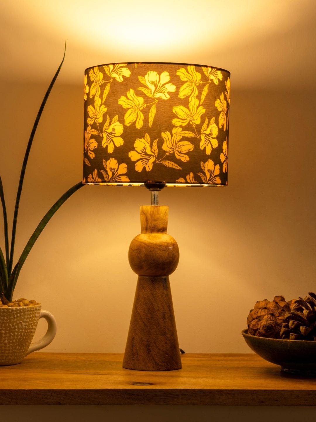 Wooden Skirt Lamp with Multicolor Black Floral Shade