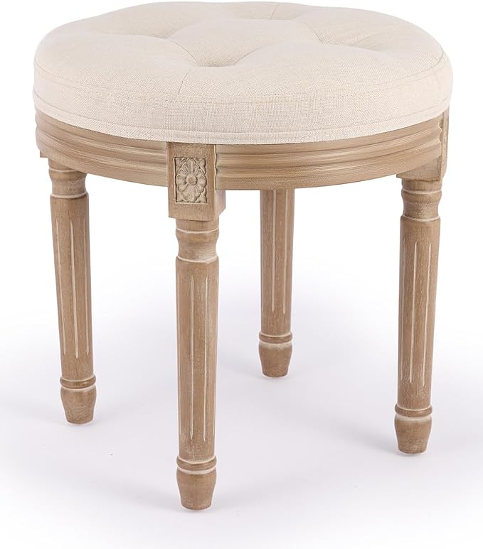 Vintage Round Brushed Wood Stool with Diamond Tufting, 18-Inch, Beige