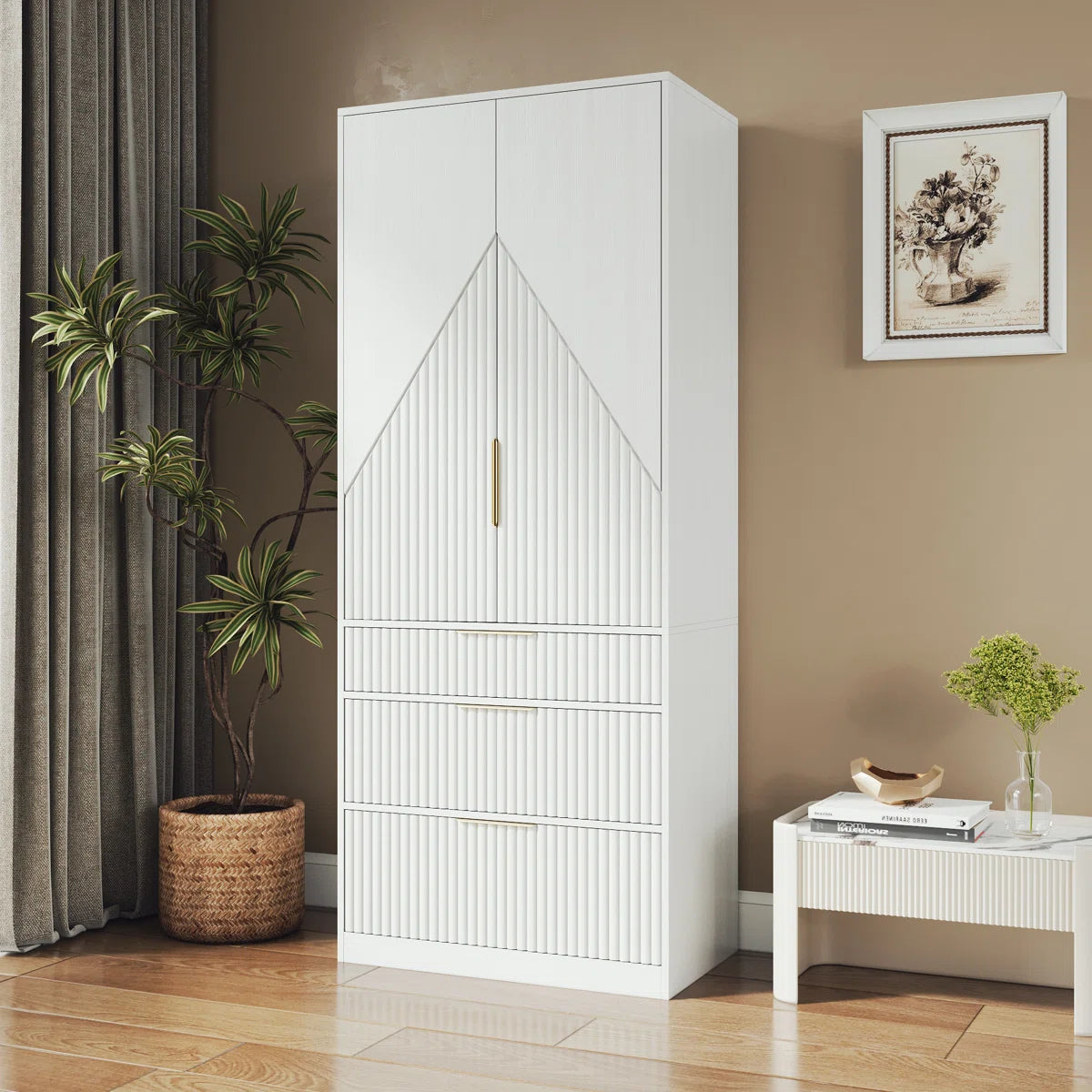 Contemporary 2-Door Solid Wood Wardrobe with Large Drawers and Hidden Storage