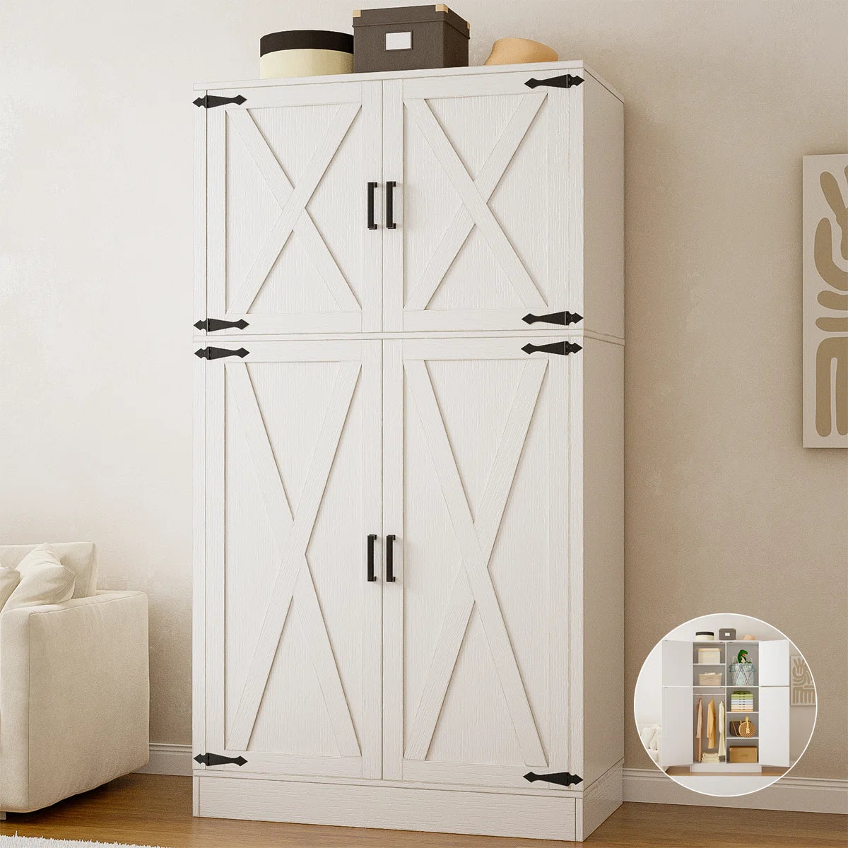 Functional 71'' Farmhouse Armoire Wardrobe Closet with Shelf and Hanging Rod-OUCH CART | Wardrobe 