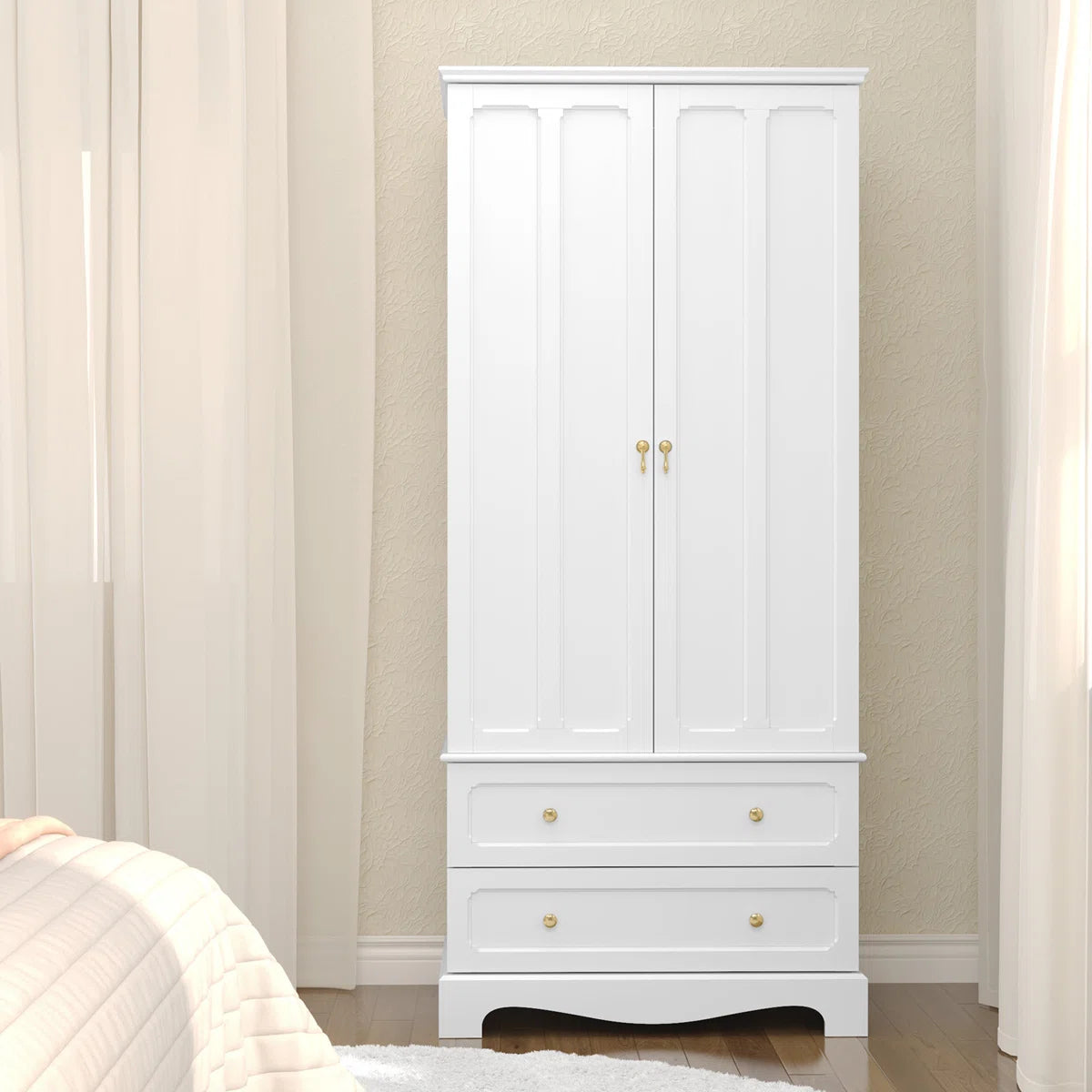 Elegant Wooden Wardrobe Armoire with 2 Drawers – Freestanding Design