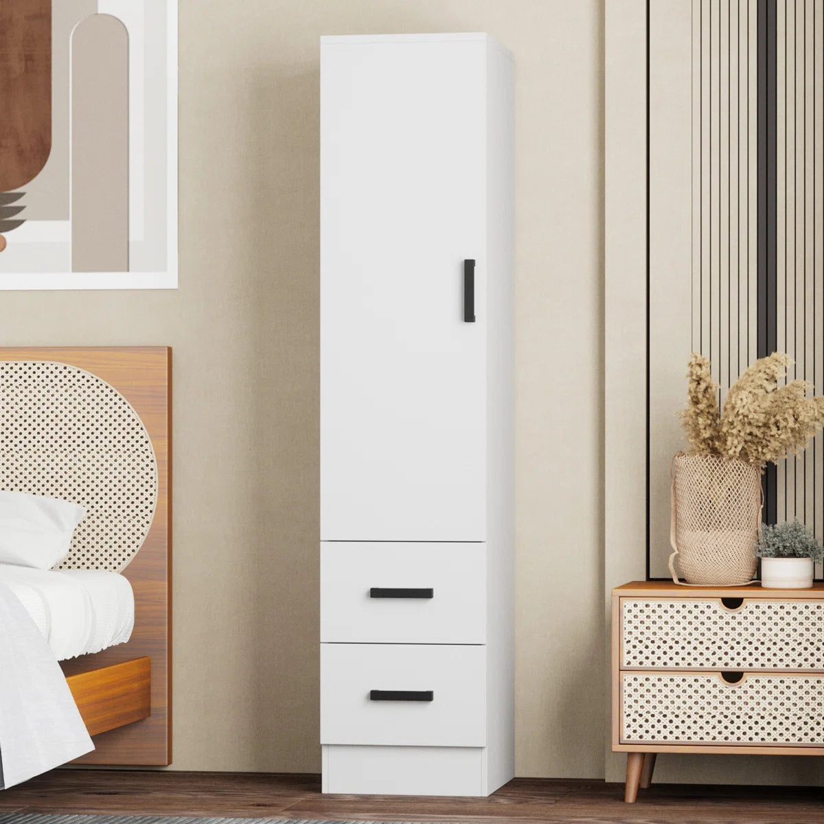 Wardrobe Armoire Closet 2 Drawers Solid Wood Reversible Door for Bedroom