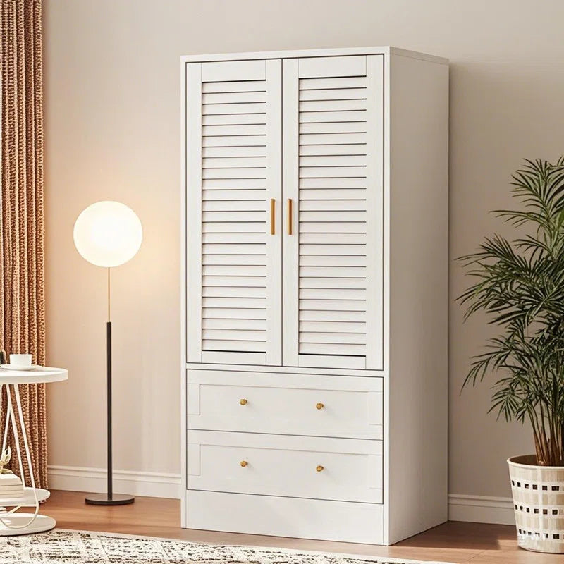 Wardrobe Armoire Closet with 2 Shutter Doors, Wardrobe with Hanging Rods and 2 Drawers, Armoire with Gold Handles