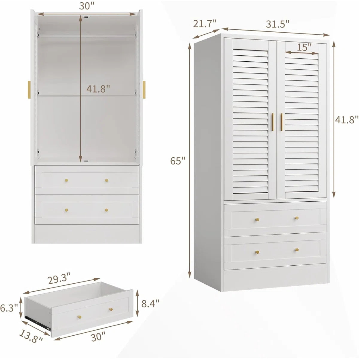 Wardrobe Armoire Closet with 2 Shutter Doors, Wardrobe with Hanging Rods and 2 Drawers, Armoire with Gold Handles