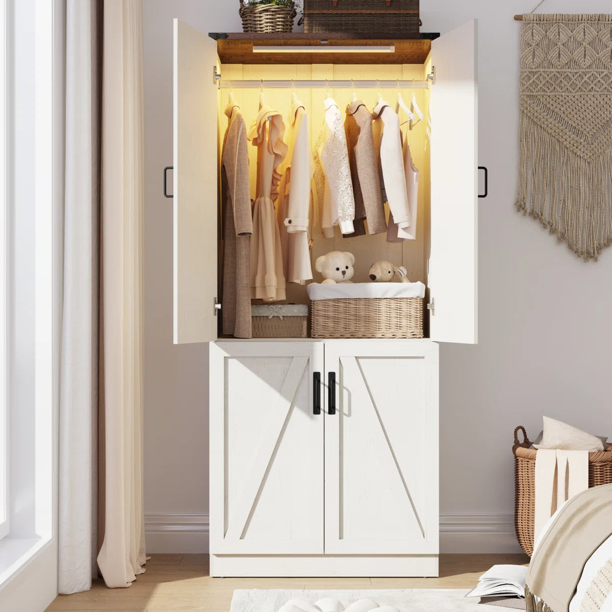 Wooden Farmhouse 2-Door Wardrobe Armoire Closet with LED Lights for Bedroom-OUCH CART | Wardrobe 
