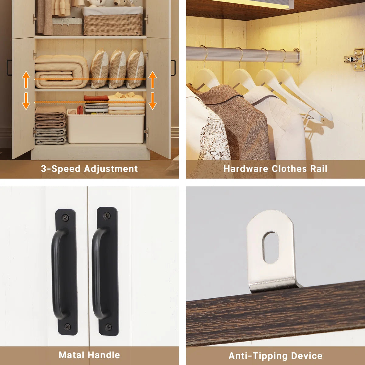 Wooden Farmhouse 2-Door Wardrobe Armoire Closet with LED Lights for Bedroom