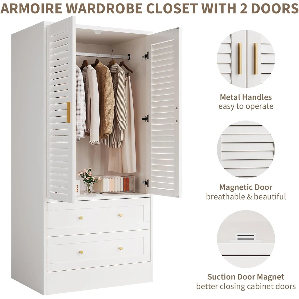 Wardrobe Armoire Closet with 2 Shutter Doors, Wardrobe with Hanging Rods and 2 Drawers, Armoire with Gold Handles