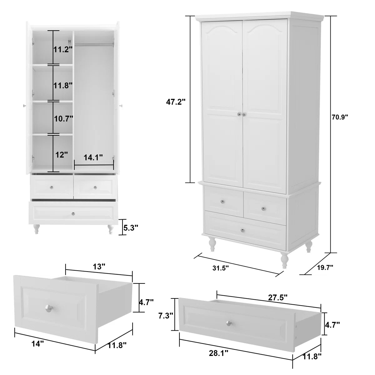 Elegant Talisha Wooden Wardrobe Armoire with 3 Large Drawers