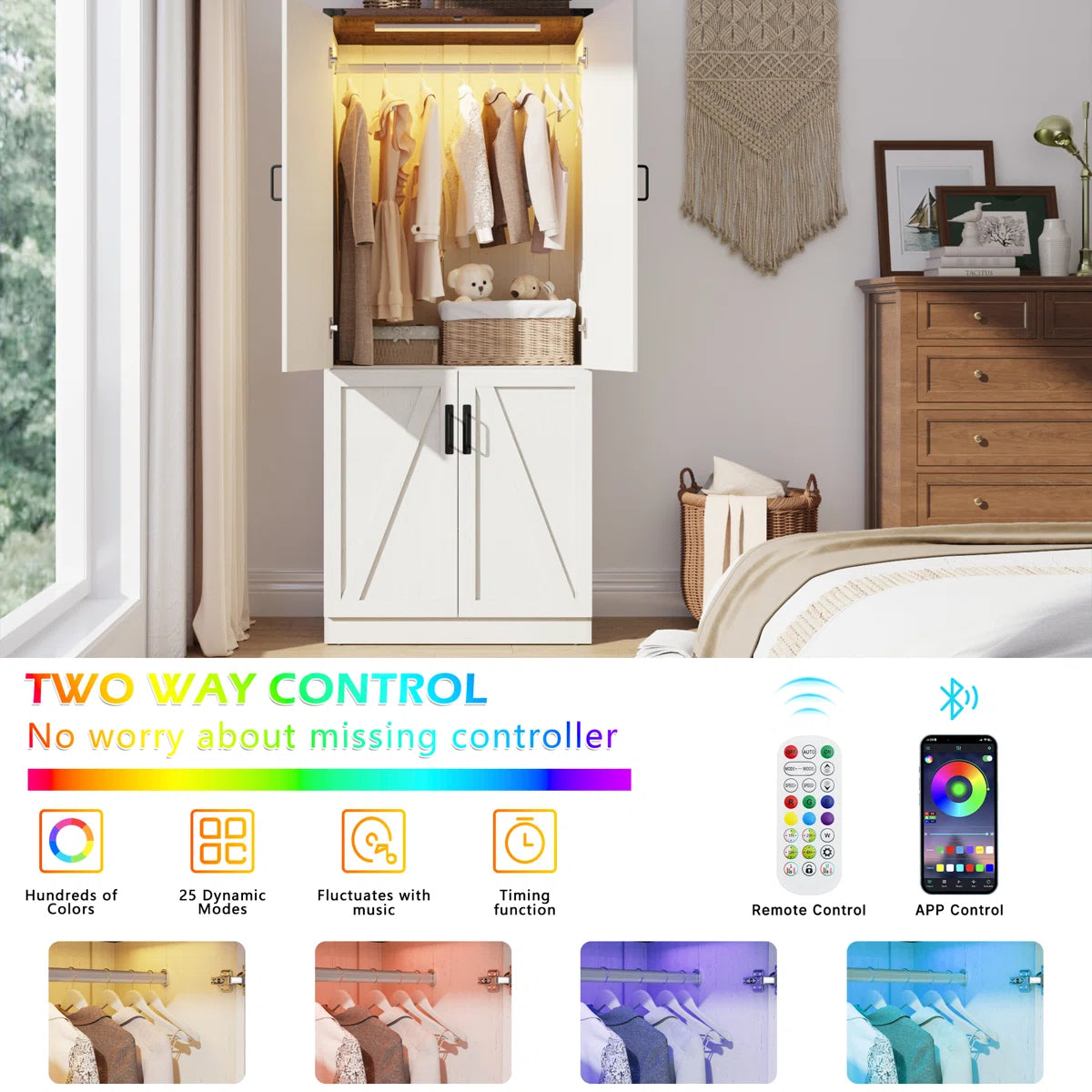 Wooden Farmhouse 2-Door Wardrobe Armoire Closet with LED Lights for Bedroom