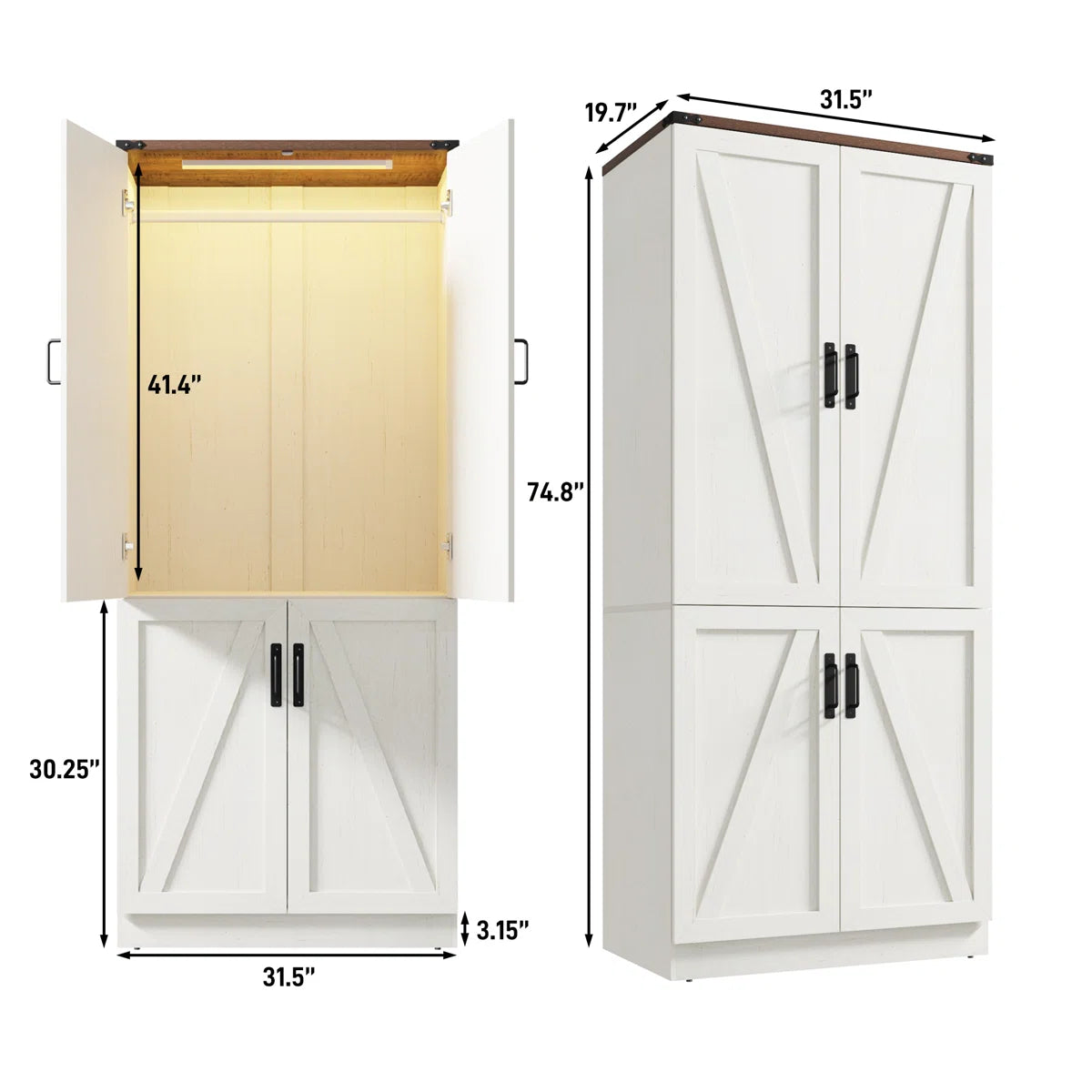 Wooden Farmhouse 2-Door Wardrobe Armoire Closet with LED Lights for Bedroom-OUCH CART | Wardrobe 