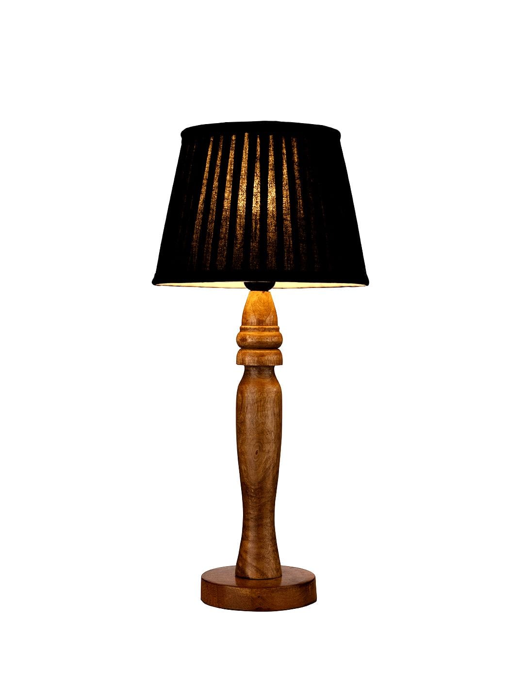 Wooden Round Brown Lamp with pleeted Black Taper soft Shade