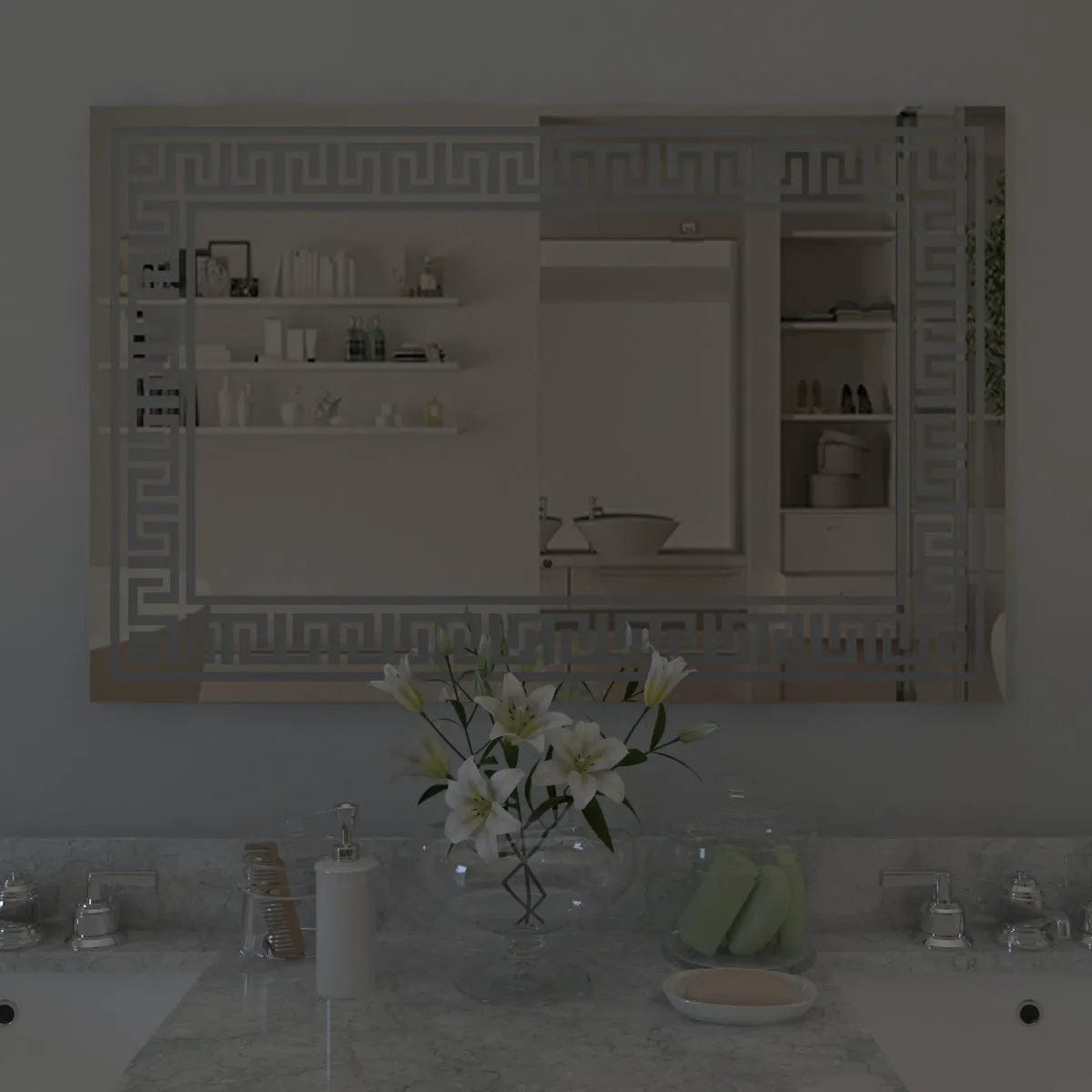 Greek Key Motif LED Rectangular Bathroom Mirror