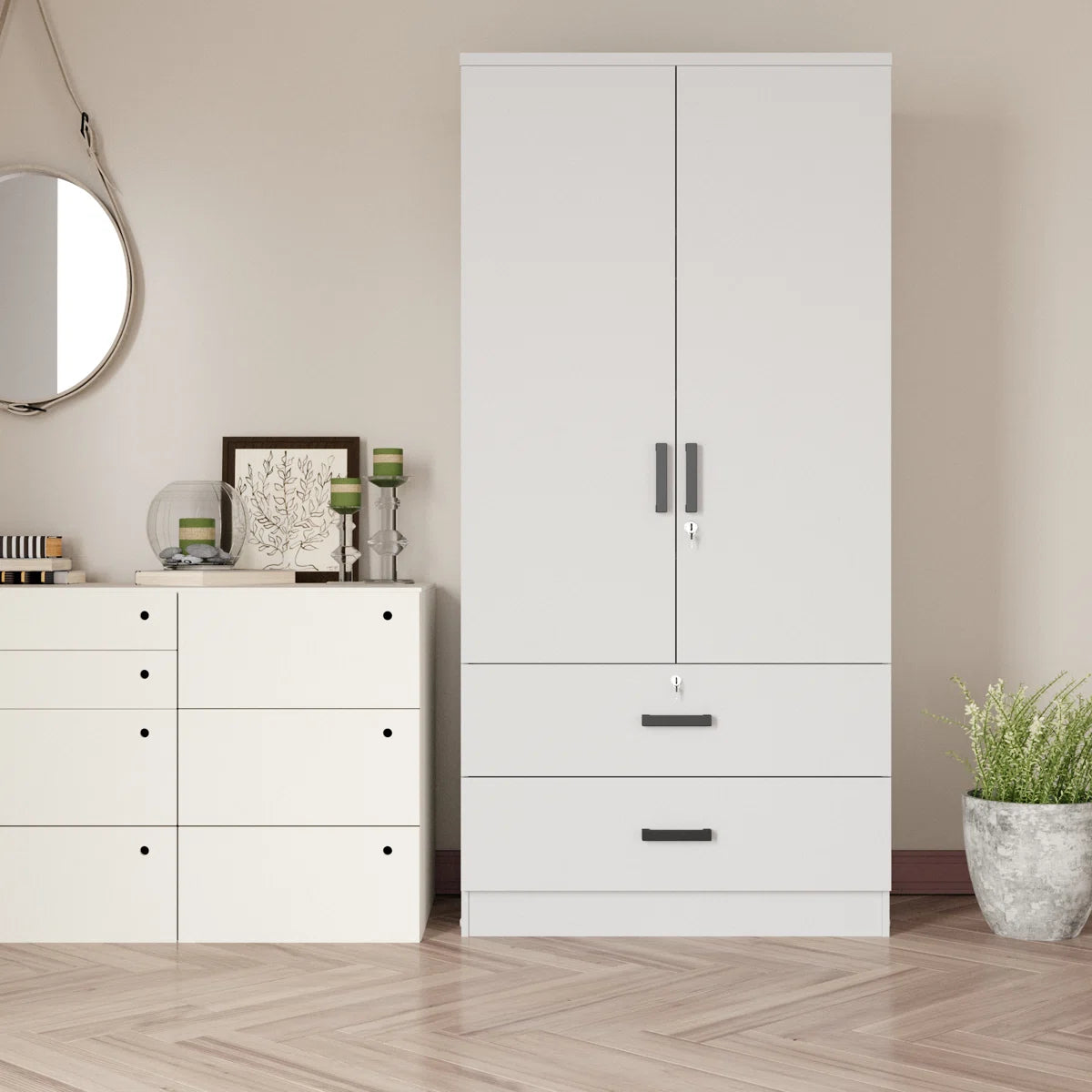 Stylish Scottie Armoire 2-Door Wardrobe with 2 Drawers for Bedroom-OUCH CART | Wardrobe