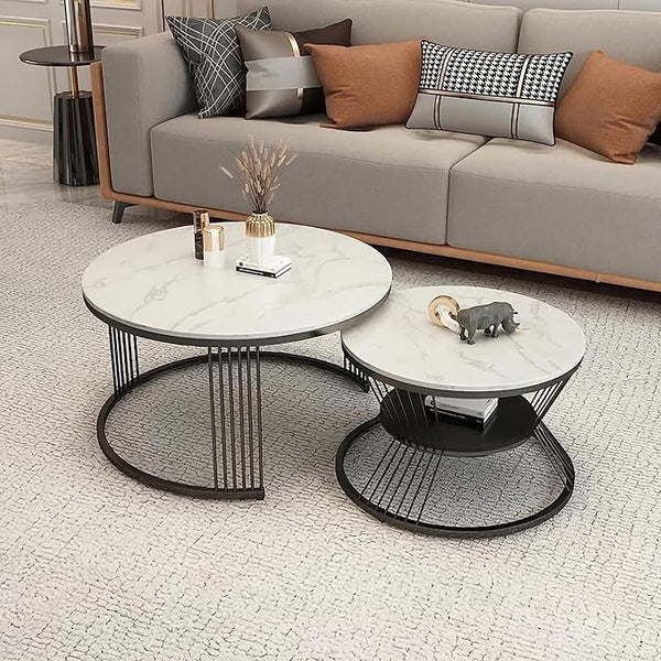 Iron Frame Faux Marbled Laminated Round Coffee Table Set of 2 Stacking Center Tables for Living Room Bedroom or Apartments
