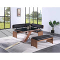 Modern Black Glass Dining Set with Walnut Wood Nook & Bench – Tempered Glass Top with Steel X-Base