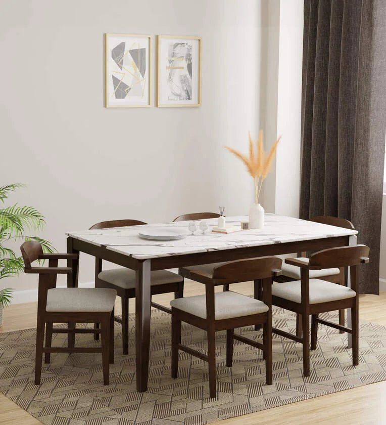 Solid Wood 6 Seater Dining Set In Marble Finish