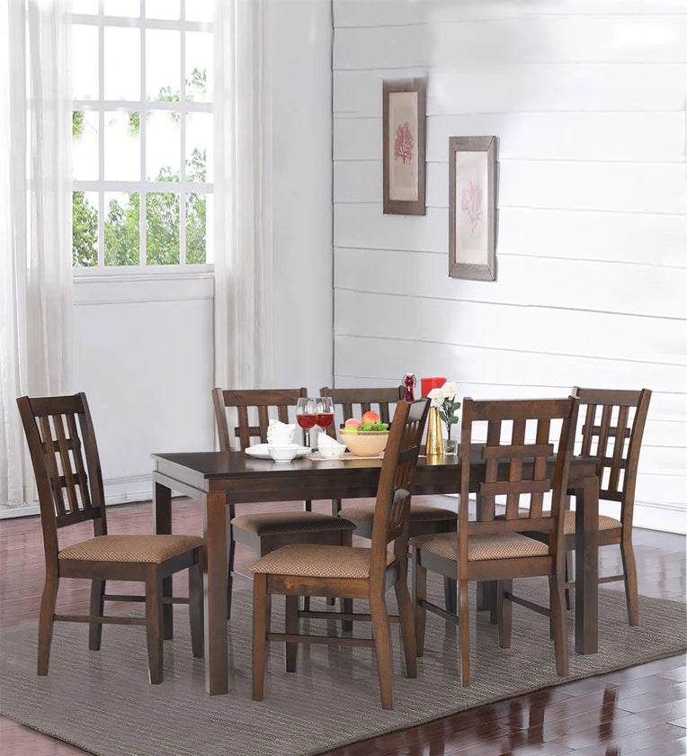 Solid Wood 6 Seater Dining Set in Brown Colour