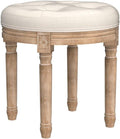 Vintage Round Brushed Wood Stool with Diamond Tufting, 18-Inch, Beige