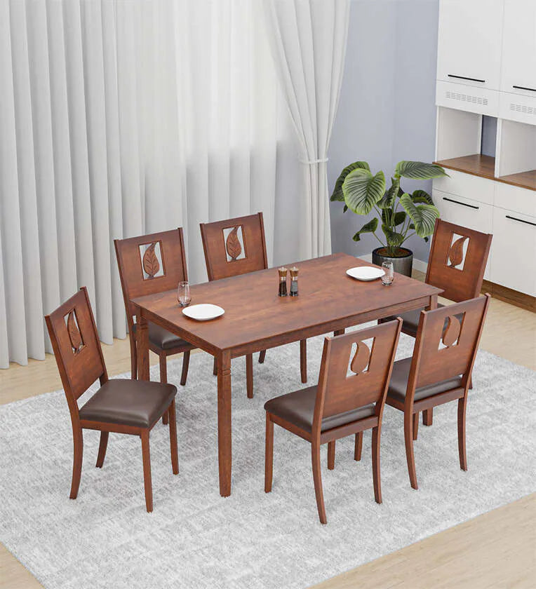 Solid Wood 6 Seater Dinning Table In Walnut Brown Finish