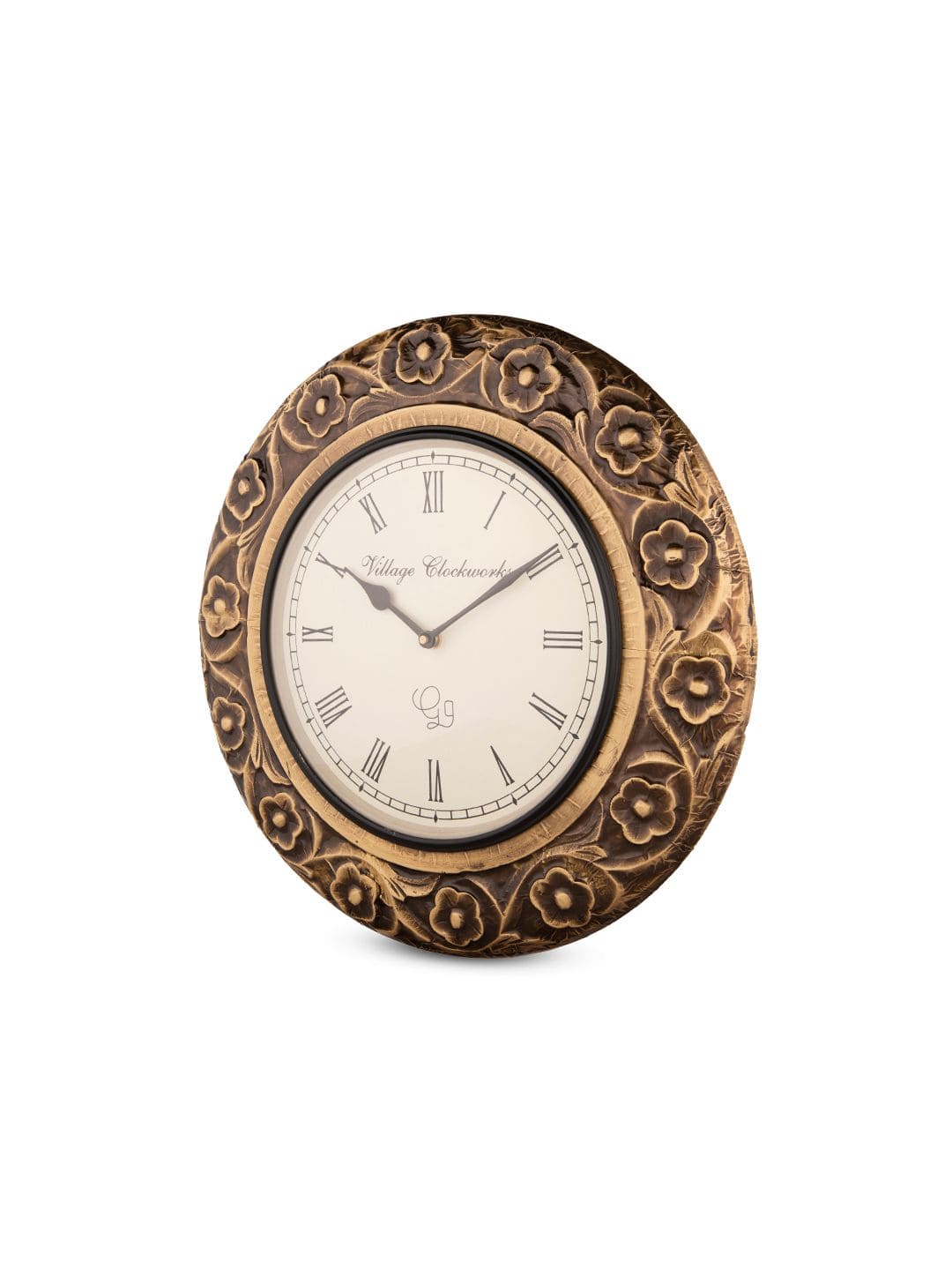 Round Flower Embossed Brass 16 Inches Wall Clock