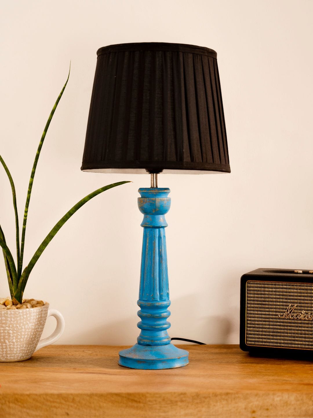 Wooden Pillar Blue lamp with pleeted Black Soft Shade