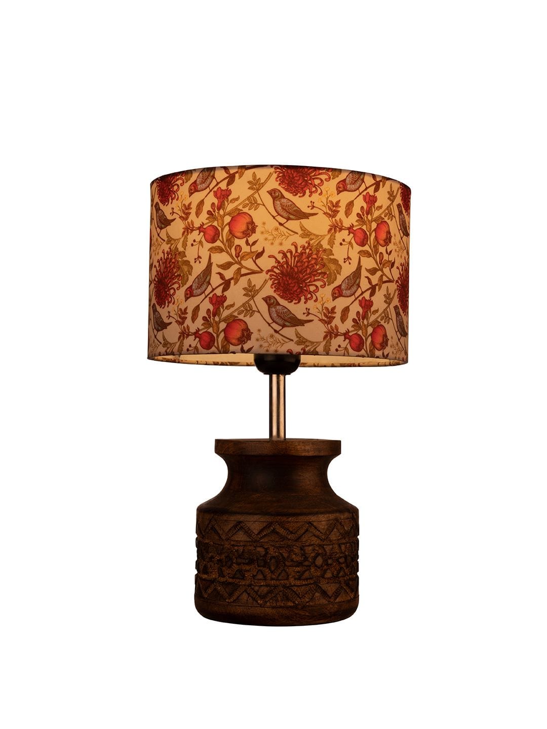 Wooden Carved Lamp with Birdy Multicolor Shade