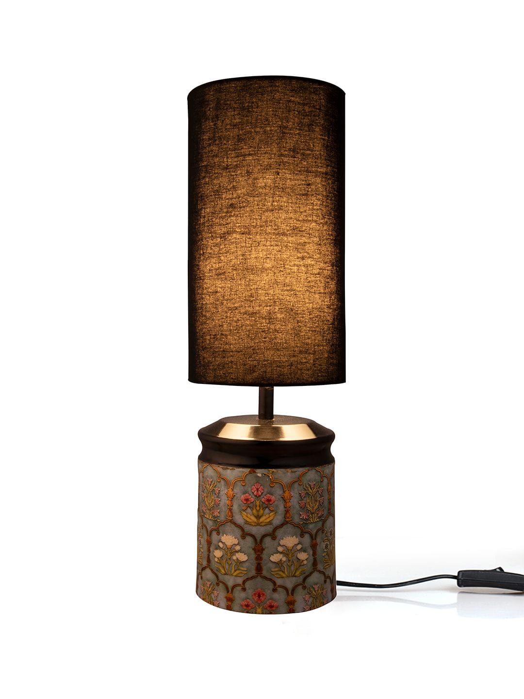 Metal Antique Motif printed Lamp with Solid Black Shade