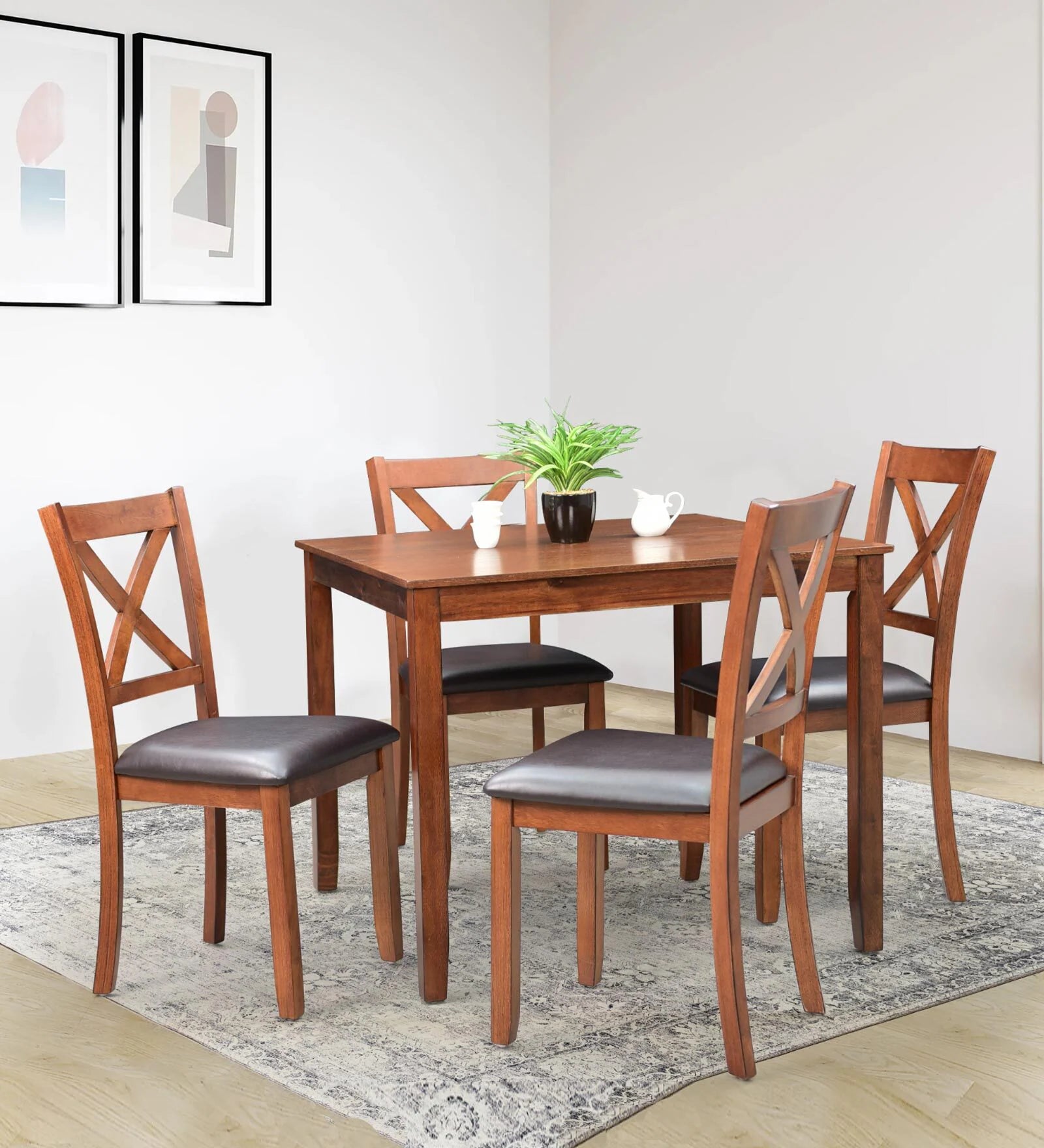 Solid Wood 4 Seater Dining Set In Brown Colour