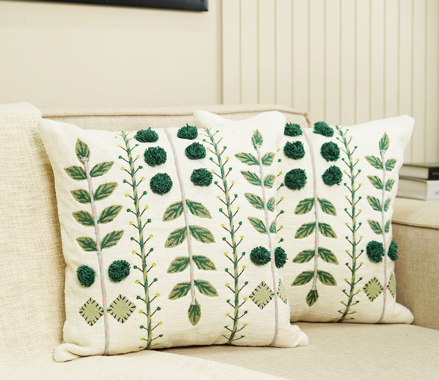 Embroidered Cotton Cushion Covers Set of 2 (Teal Green,18 x 18 inch)