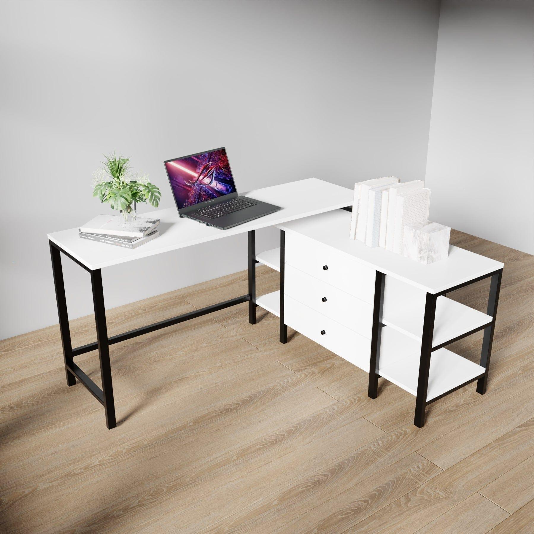 L shaped study table with storage design with drawers & open storage shelves