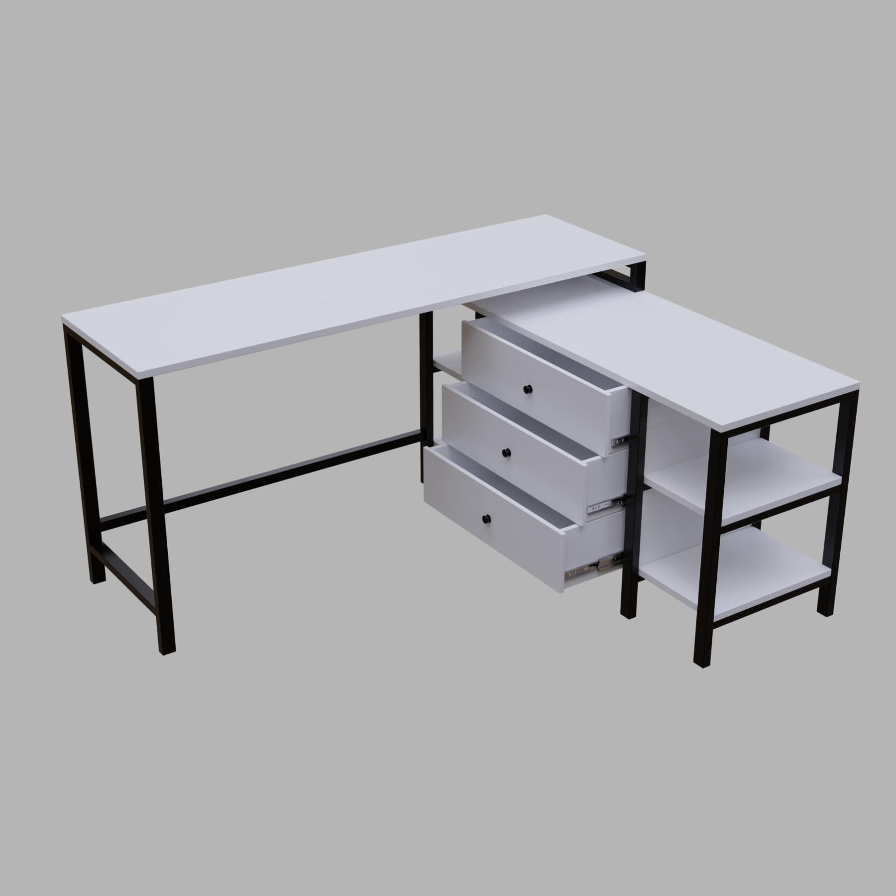 L shaped study table with storage design with drawers & open storage shelves